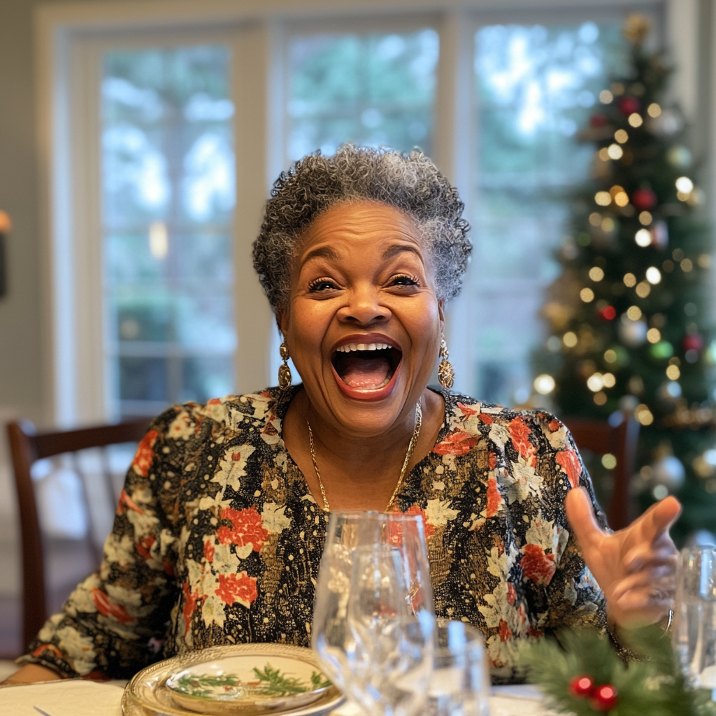 Une femme excitée assise à une table | Source : Midjourney