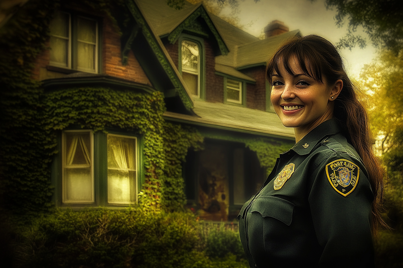 Un policier souriant devant une maison couverte de lierre | Source : Midjourney