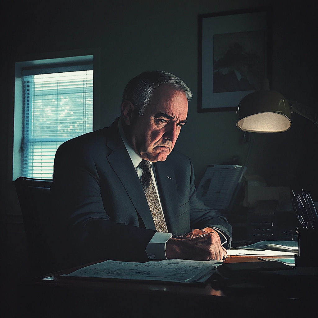 Un homme assis à son bureau | Source : Midjourney