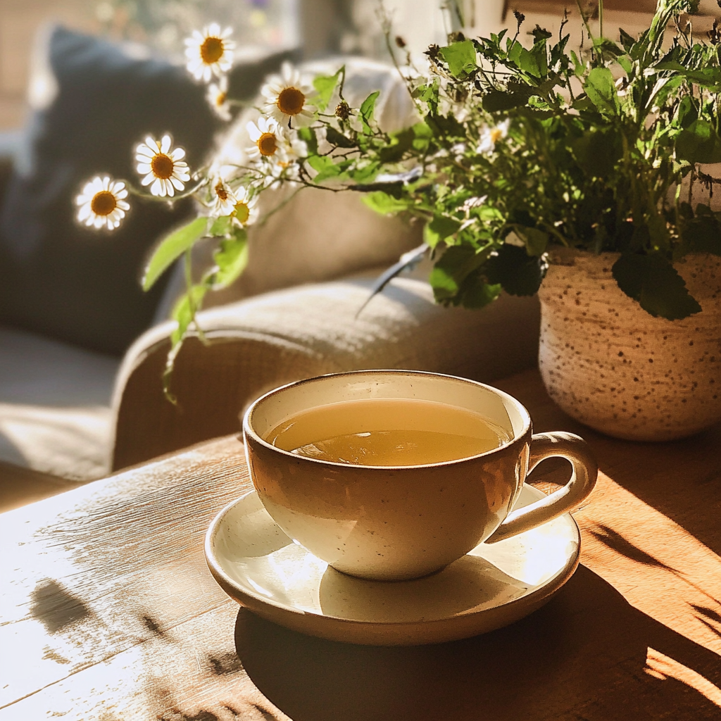 Une tasse de thé sur une table basse | Source : Midjourney