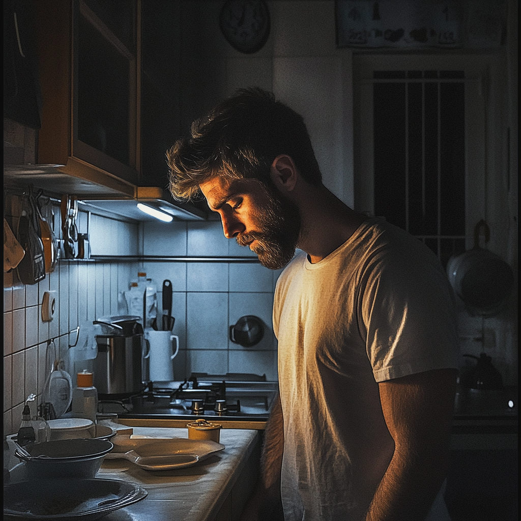 Un homme triste dans la cuisine | Source : Midjourney