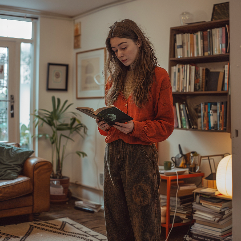 Une jeune femme debout avec un livre | Source : Midjourney