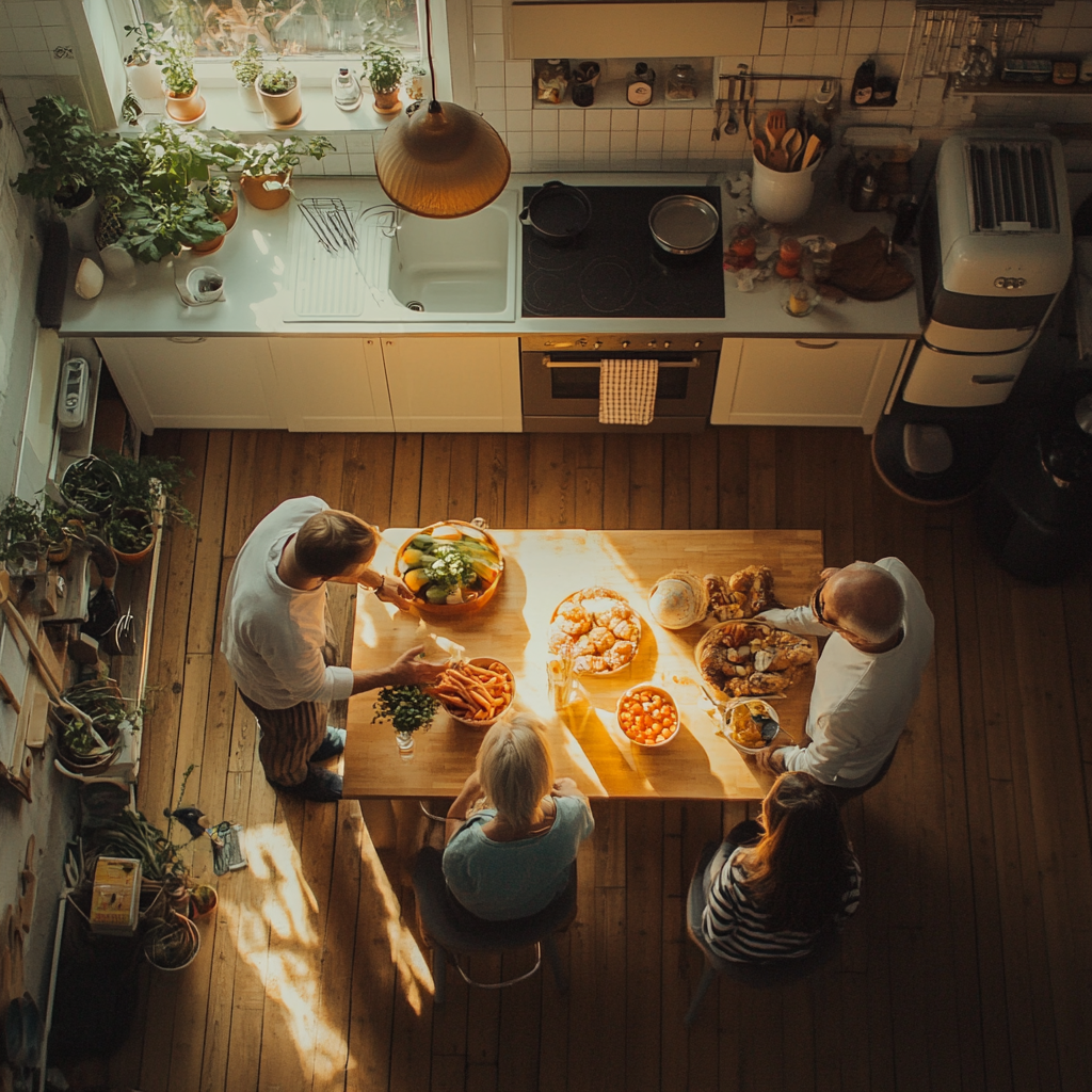 Famille mettant le dîner sur la table | Source : Midjourney