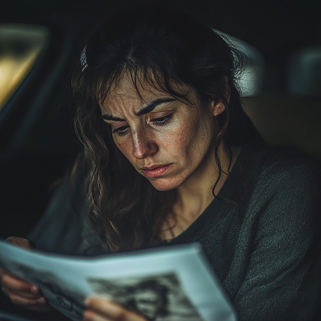 Une femme émotive assise dans sa voiture, choquée en regardant un dessin | Source : Midjourney