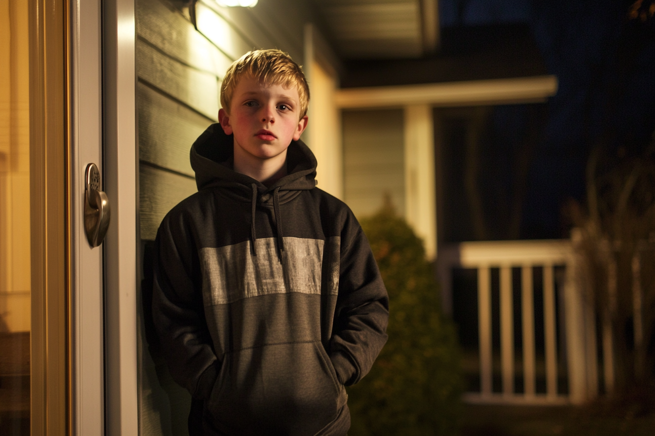 Un jeune adolescent debout sous un porche pendant la nuit | Source : Midjourney