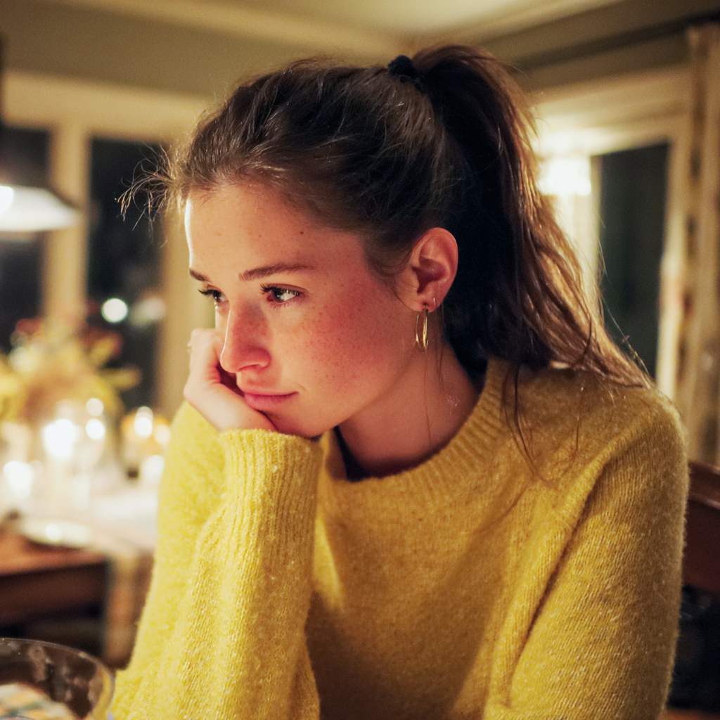 Une femme pensive assise, la tête posée sur sa main | Source : Midjourney