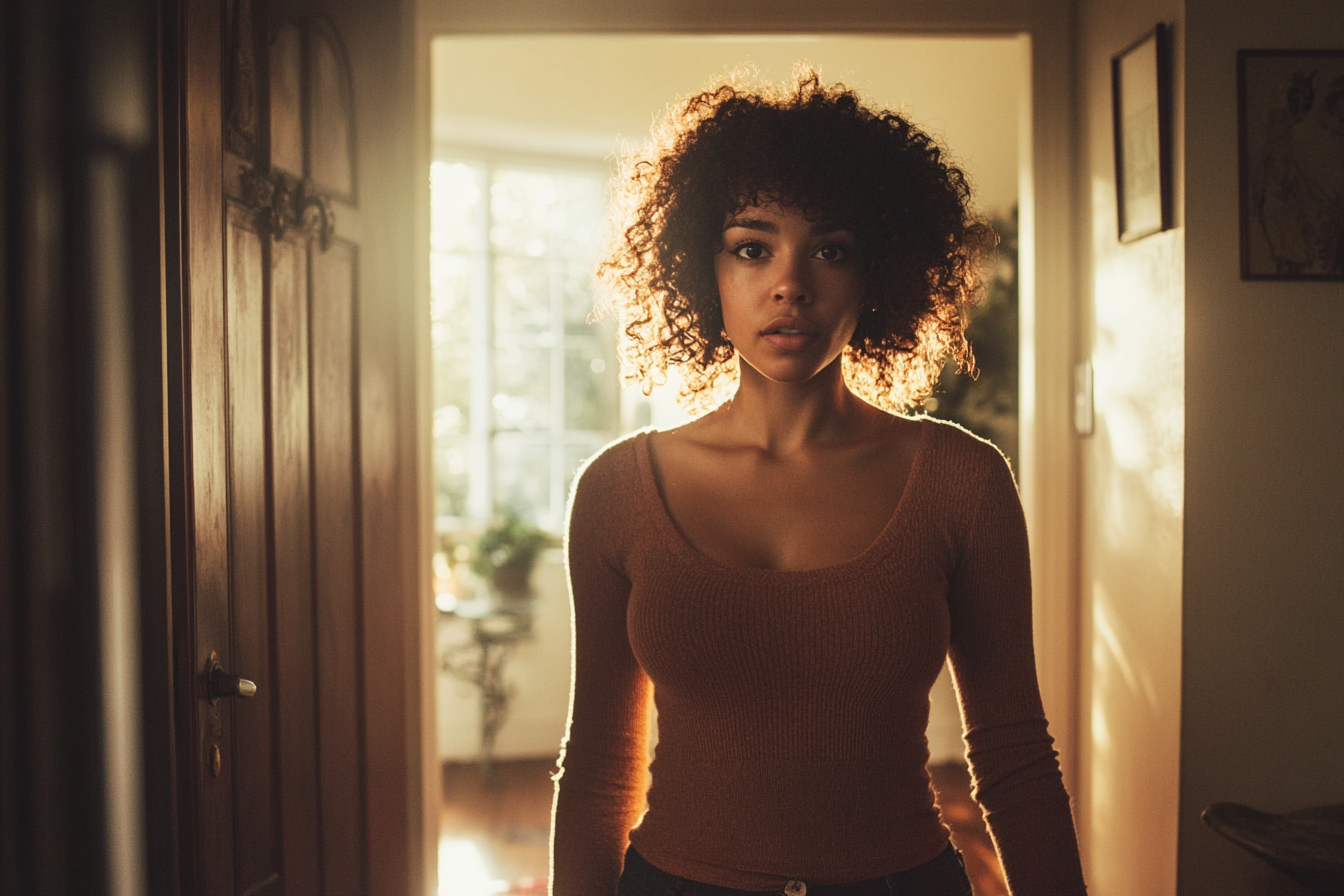 Une femme à l'expression choquée se tenant dans un couloir d'entrée | Source : Midjourney