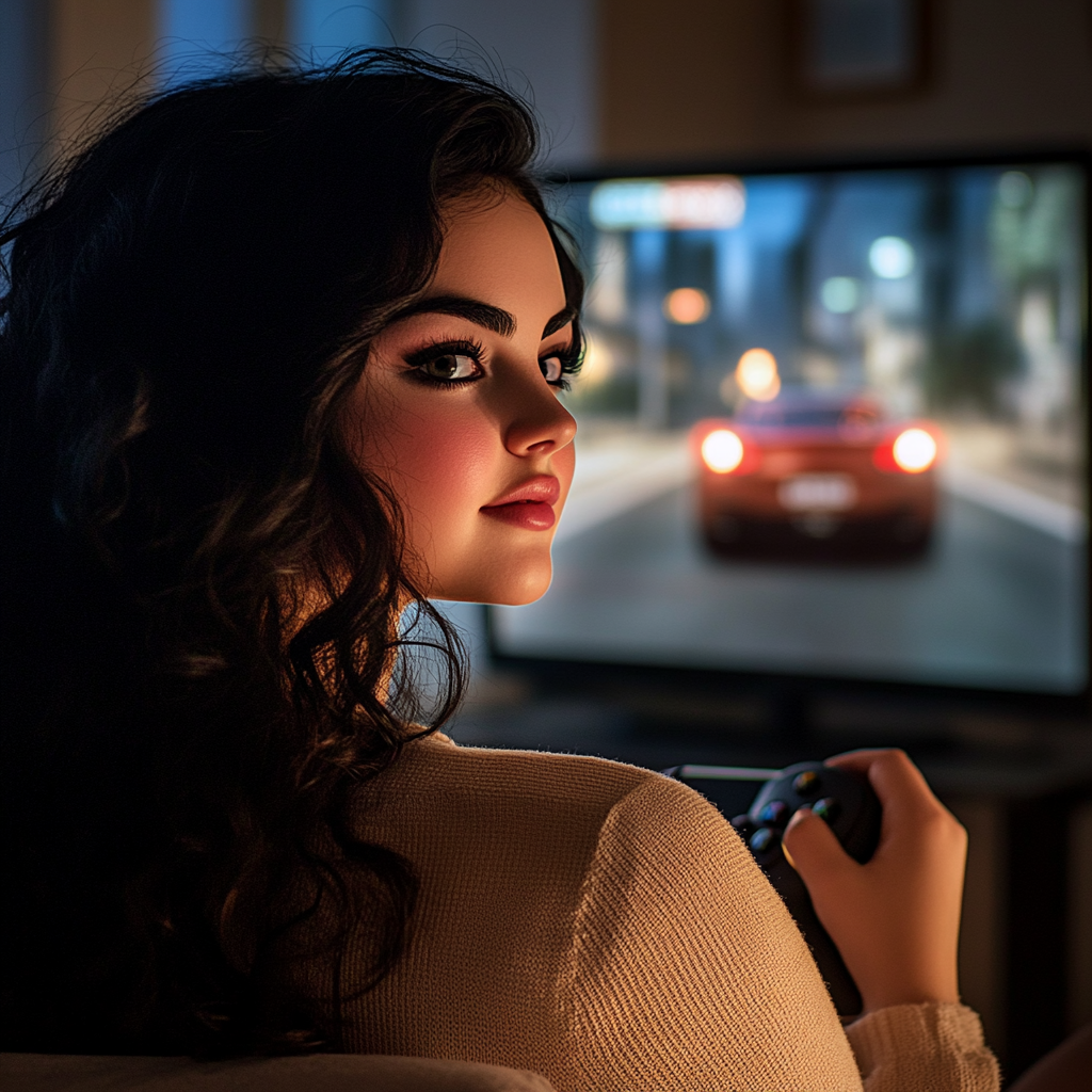 A woman turning around while playing a video game | Source: Midjourney