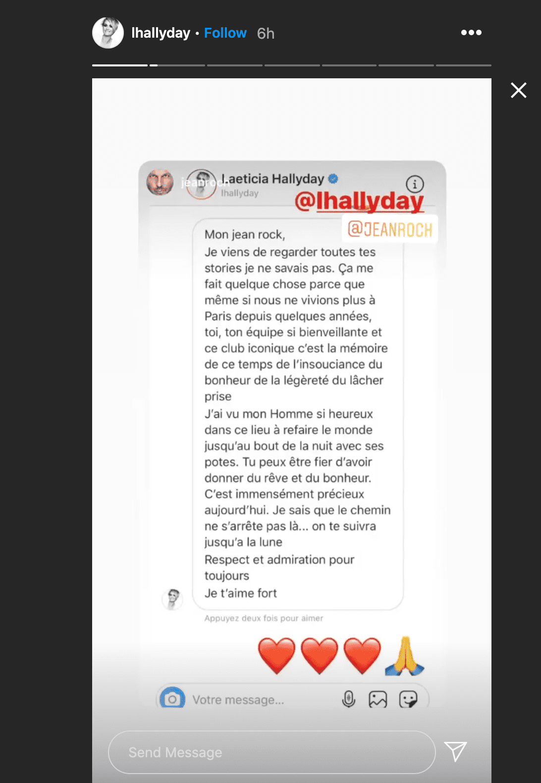 Un long message de Laeticia Hallyday exprimant ses tristesses face à la situation de Jean Roch. | Photo : Story Instagram / lhallyday