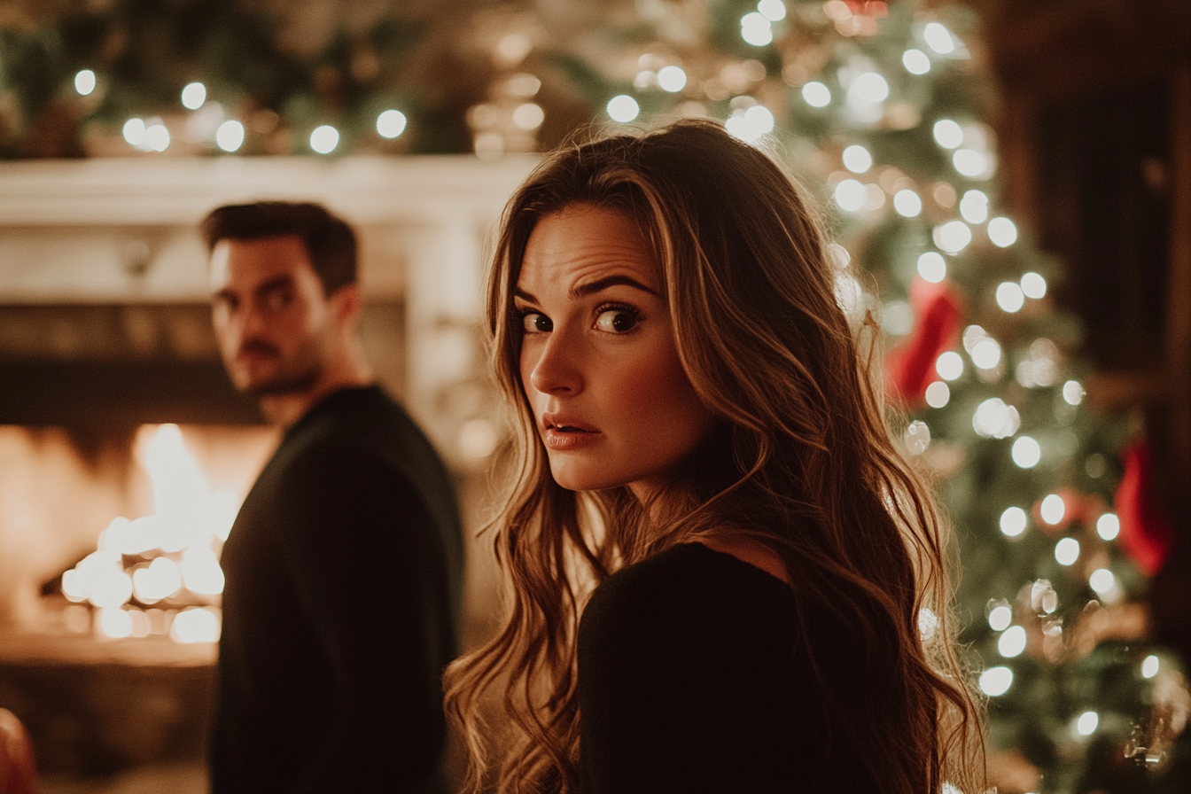 Femme d'une trentaine d'années debout à côté de son mari regardant avec surprise quelqu'un devant un sapin de Noël et une cheminée | Source : Midjourney