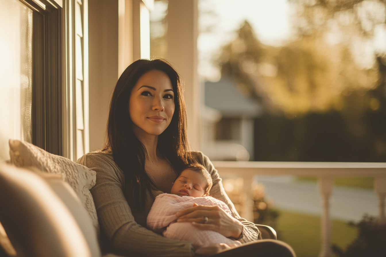 Une femme est assise sous un porche et tient un bébé dans une couverture rose | Source : Midjourney