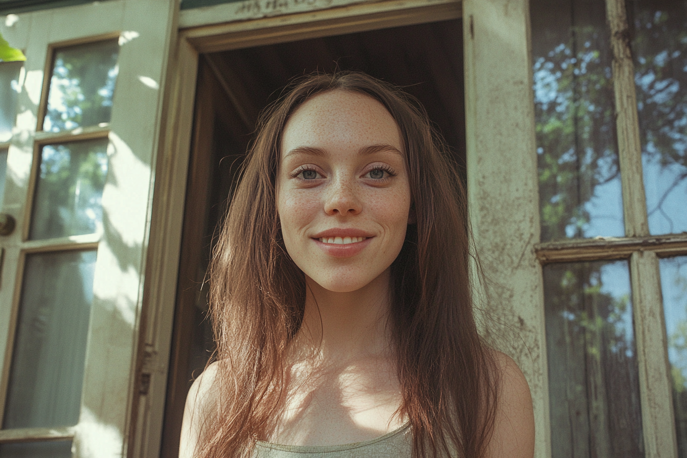 Une femme debout devant sa maison, souriante | Source : Midjourney