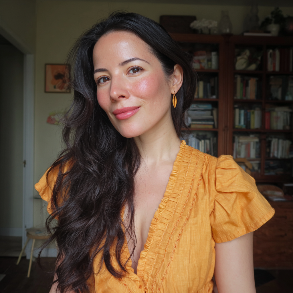 Une femme souriante aux longs cheveux bruns | Source : Midjourney