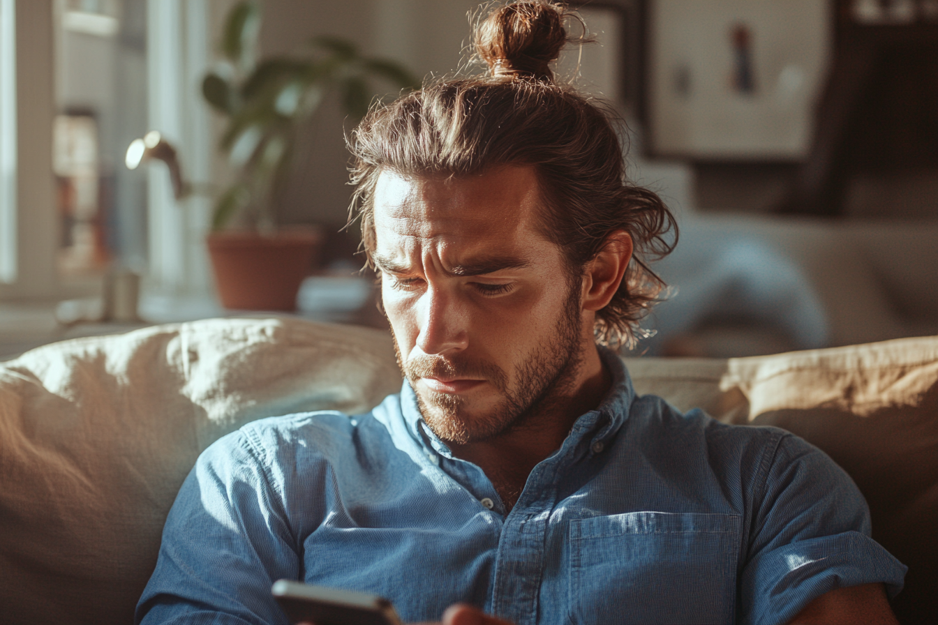 Un homme regarde son téléphone sur le canapé de son salon | Source : Midjourney