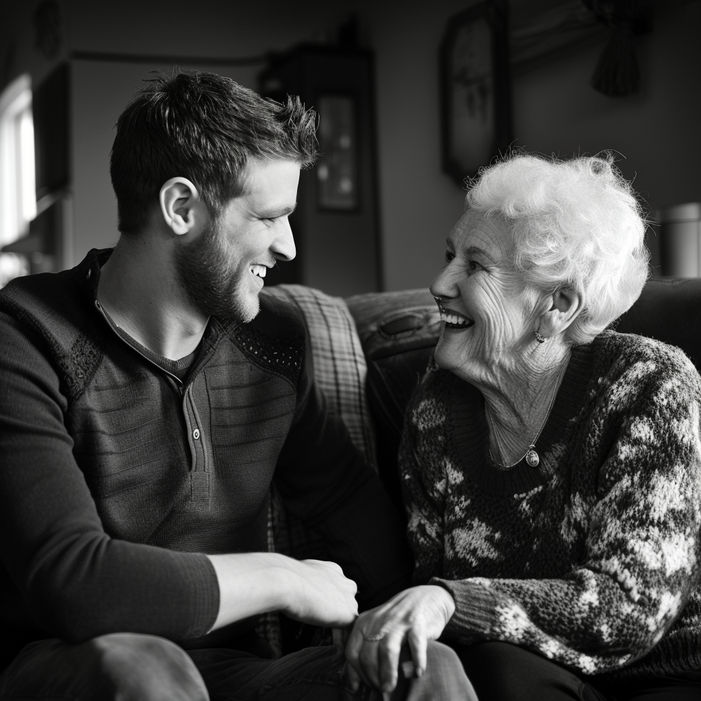 Un homme discute avec sa grand-mère à la maison | Source : Midjourney