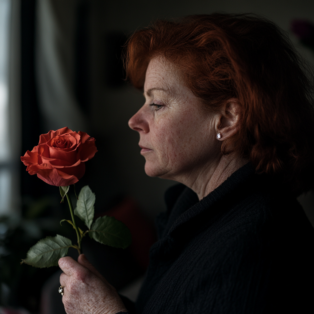 Une femme nerveuse qui regarde une rose | Source : Midjourney