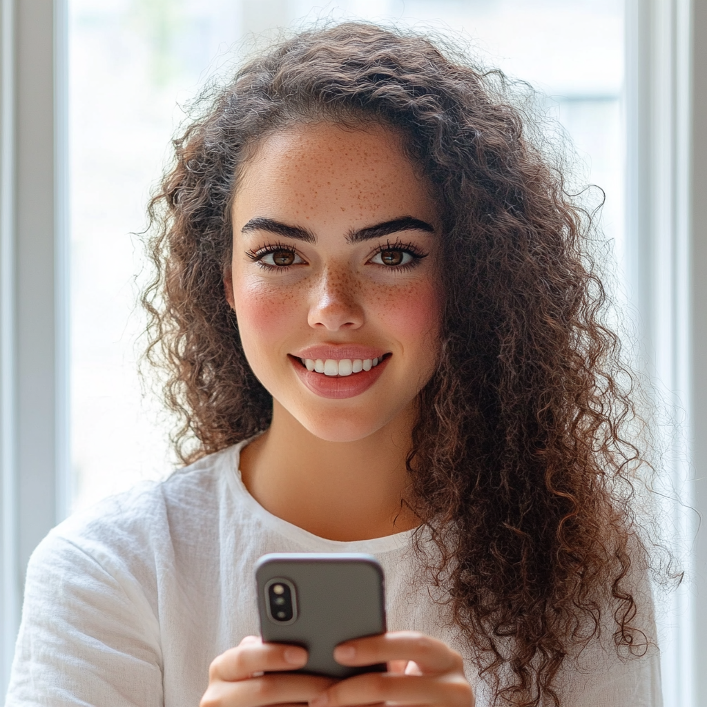 Une femme joyeuse tenant son téléphone | Source : Midjourney