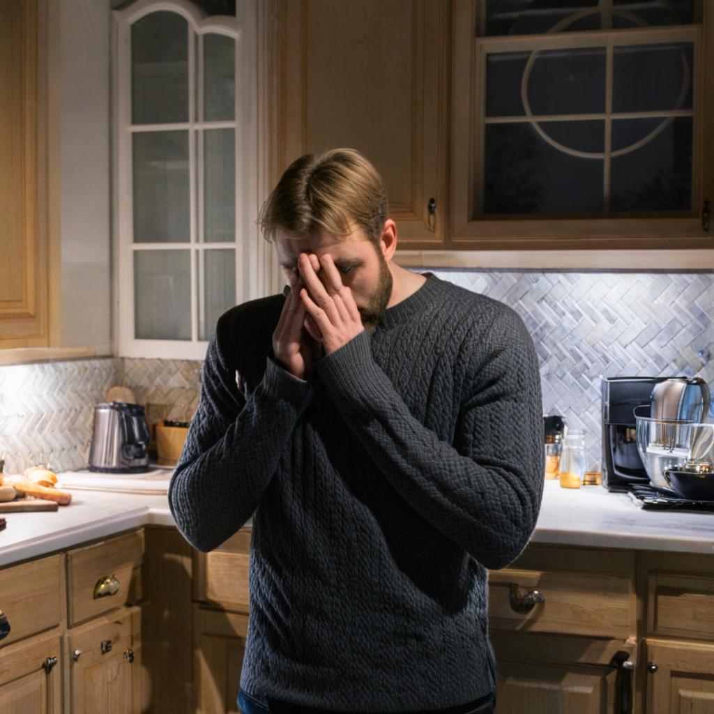 Un homme dans une cuisine portant ses mains à son visage | Source : Midjourney