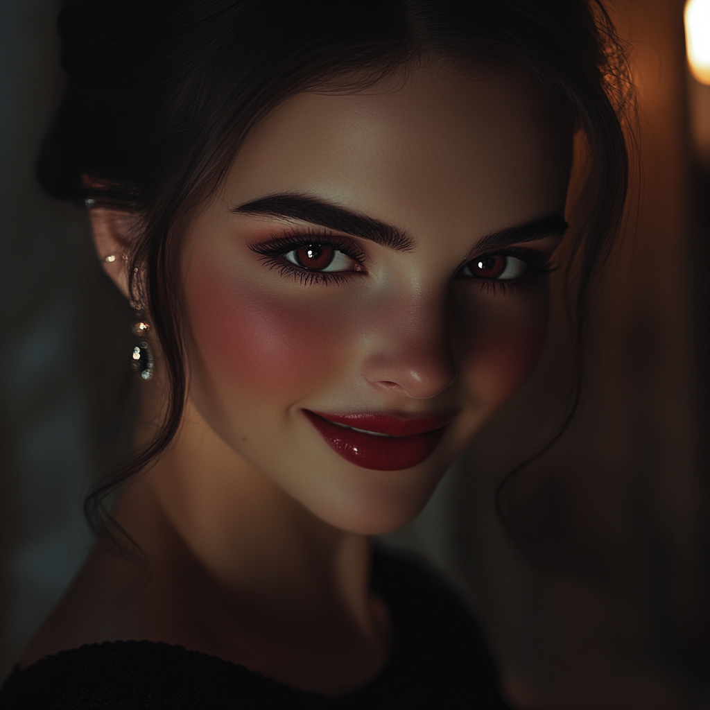 Femme au sourire satisfaisant regardant quelqu'un hors caméra | Source : Midjourney