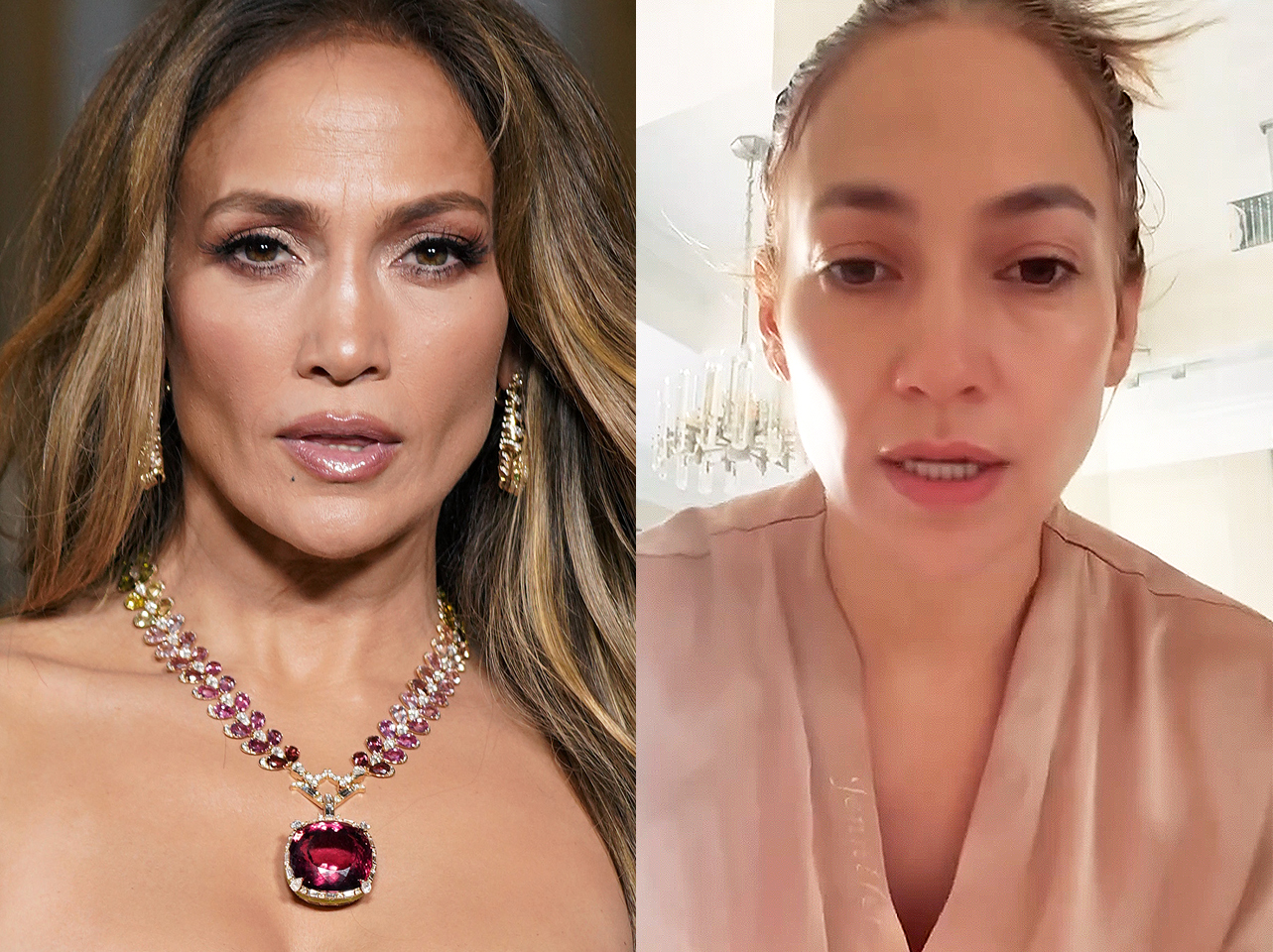 Jennifer Lopez avec maquillage vs sans maquillage | Source : Getty Images | Instagram/jlo