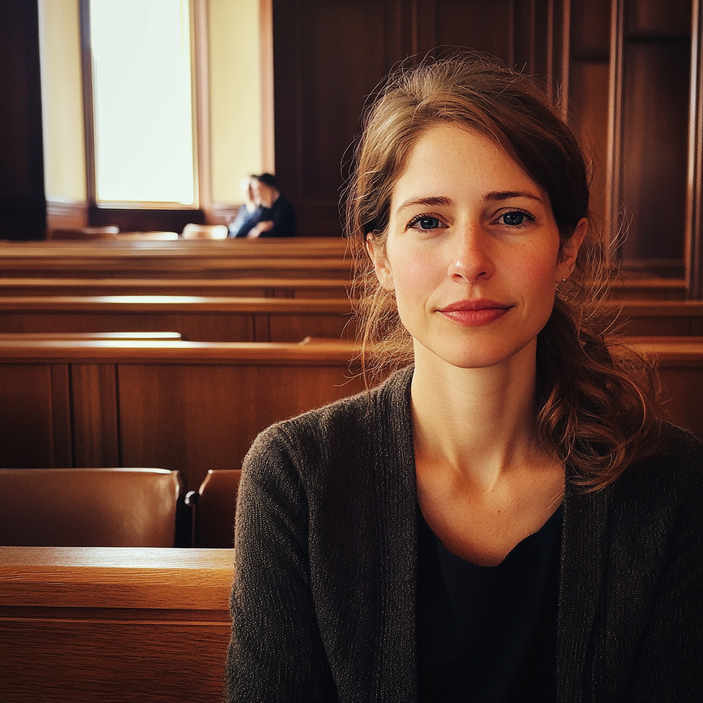 Une femme souriante dans une salle d'audience | Source : Midjourney