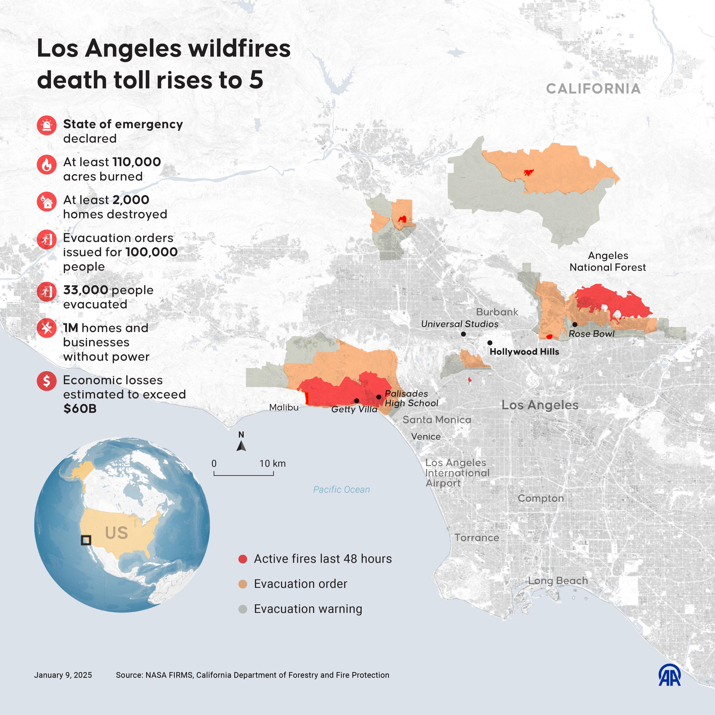 Une infographie intitulée "Los Angeles wildfires death toll rises to 5" datée du 9 janvier 2025 | Source : Getty Images