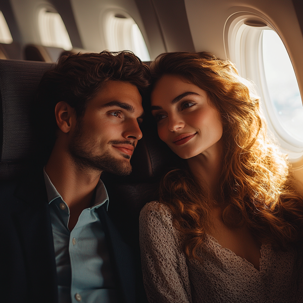 Un couple heureux assis dans un avion | Source : Midjourney