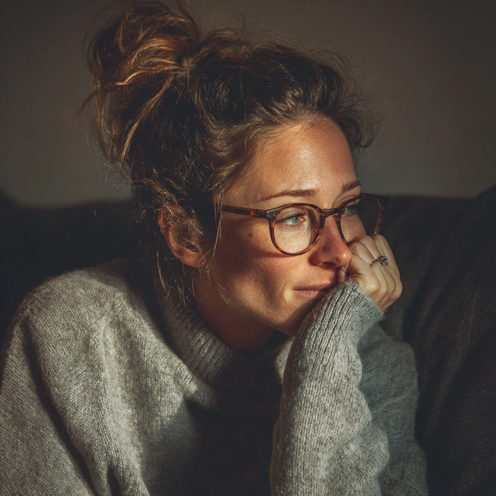 Une femme émotive assise sur un canapé | Source : Midjourney