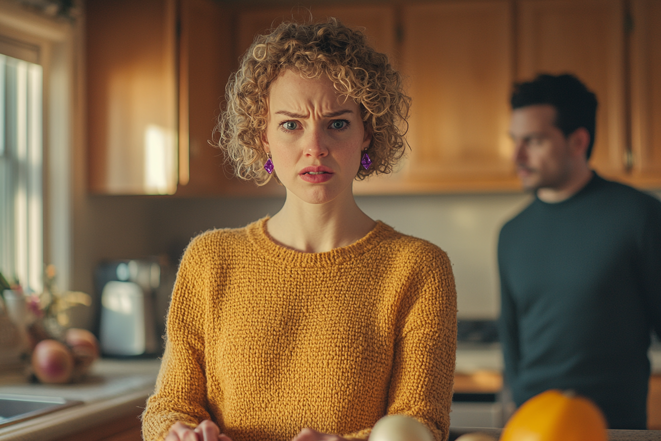 A woman looks worried while cooking as a man stands behind her, looking distant | Source: Midjourney