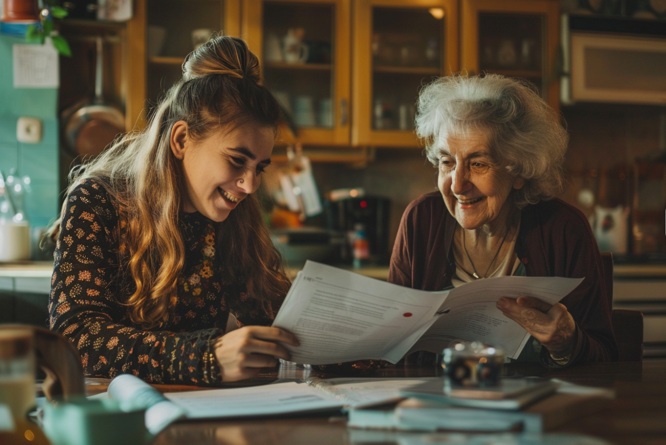 Une femme âgée heureuse et sa petite-fille discutant de paperasse | Source : Midjourney