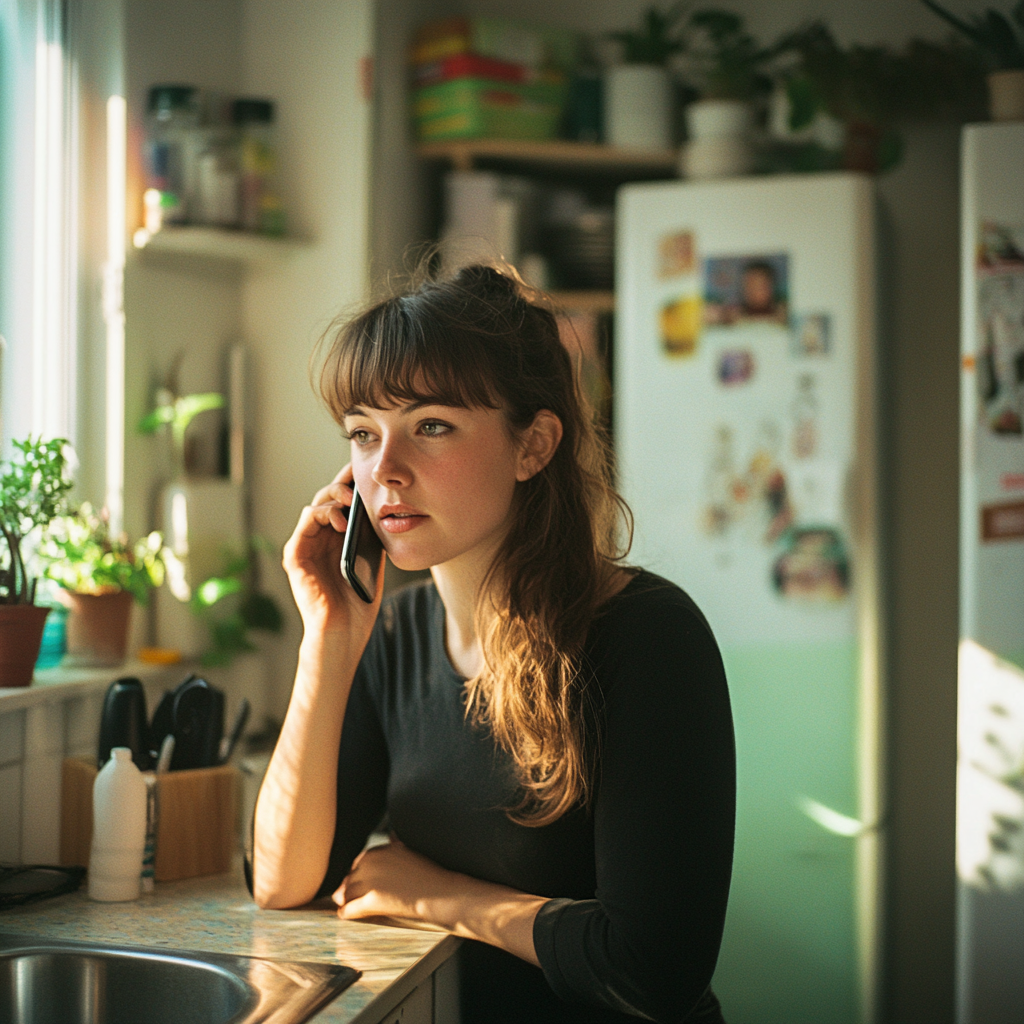 Femme assise dans sa cuisine, en train de parler au téléphone | Source : Midjourney