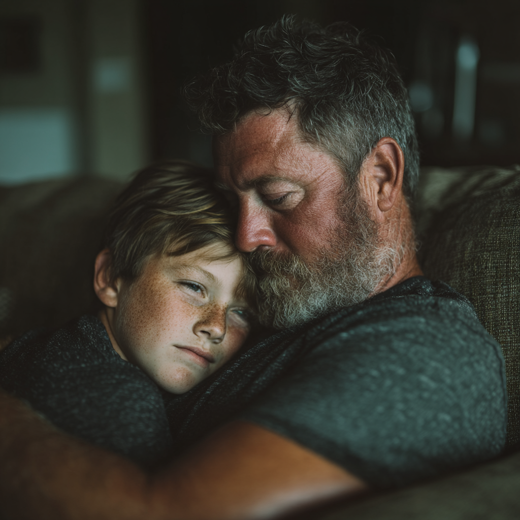 Un père et son fils se serrent dans les bras | Source : Midjourney