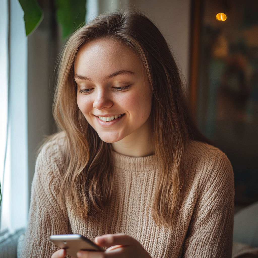 Une femme sourit en regardant son téléphone | Source : Midjourney