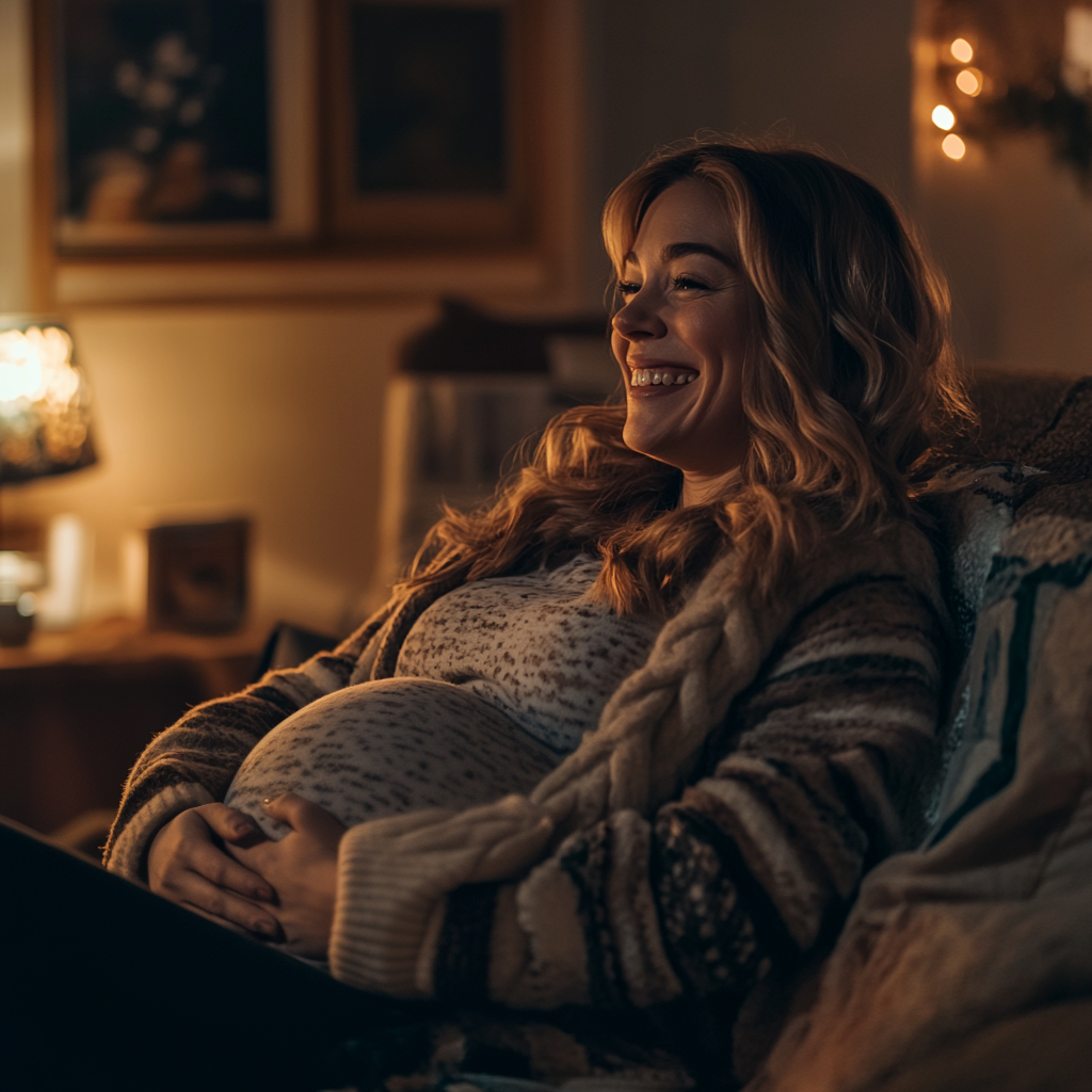 Une femme enceinte rit en se détendant sur le canapé | Source : Midjourney