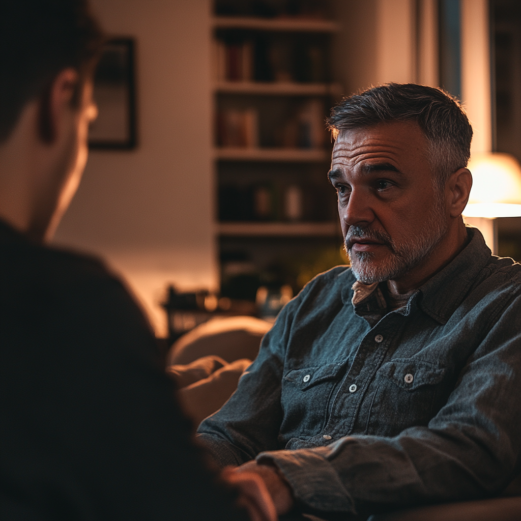 Un homme qui parle à son fils dans son salon | Source : Midjourney