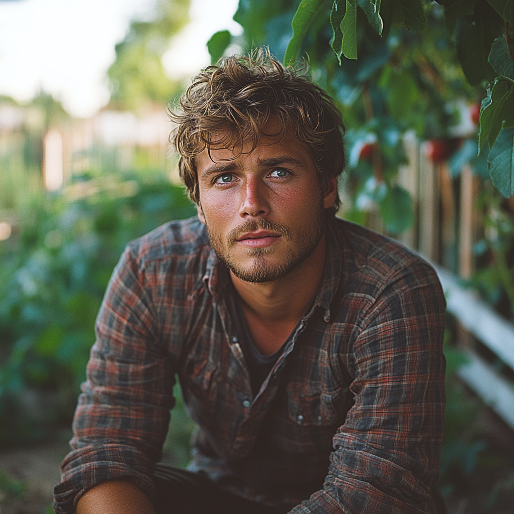 Homme parlant dans son jardin | Source : Midjourney