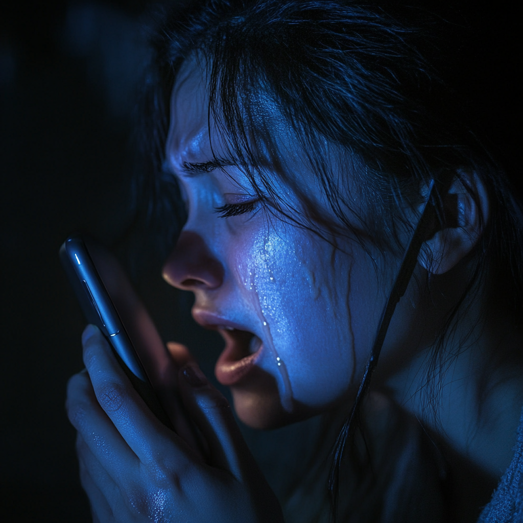 Une femme en pleurs chuchotant dans son téléphone | Source : Midjourney