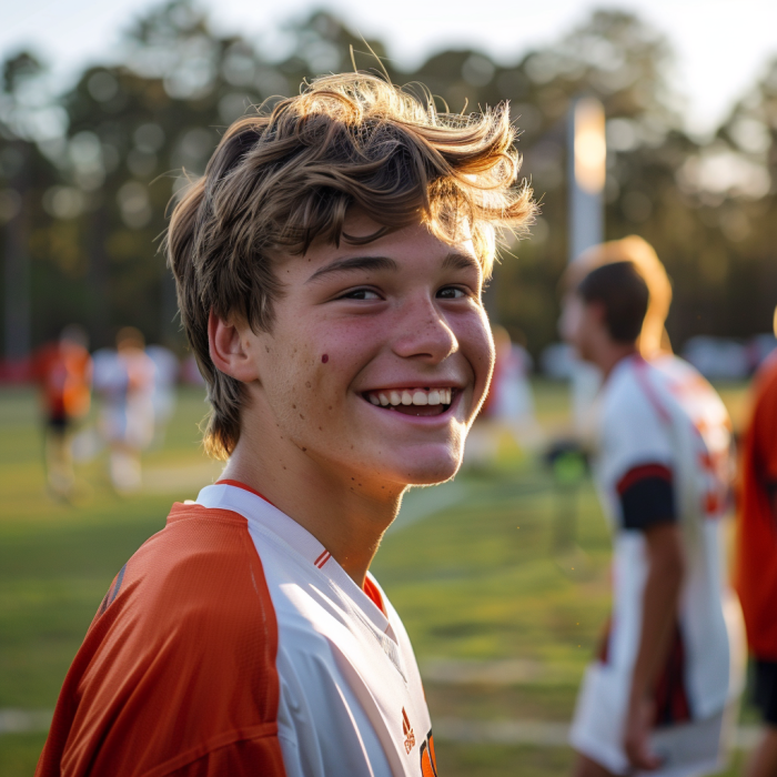 Un adolescent souriant sur le terrain de football | Source : Midjourney