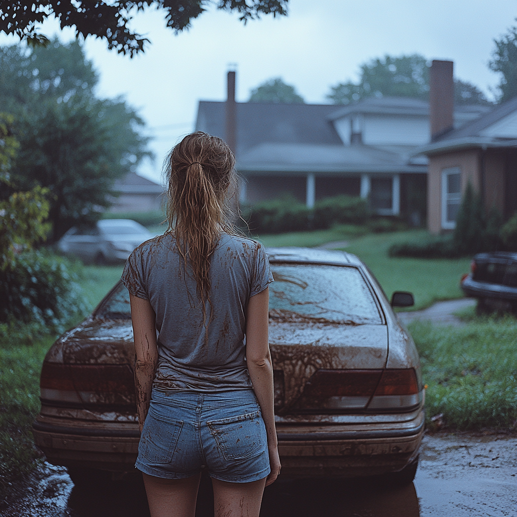 Une femme qui regarde une voiture sale | Source : Midjourney