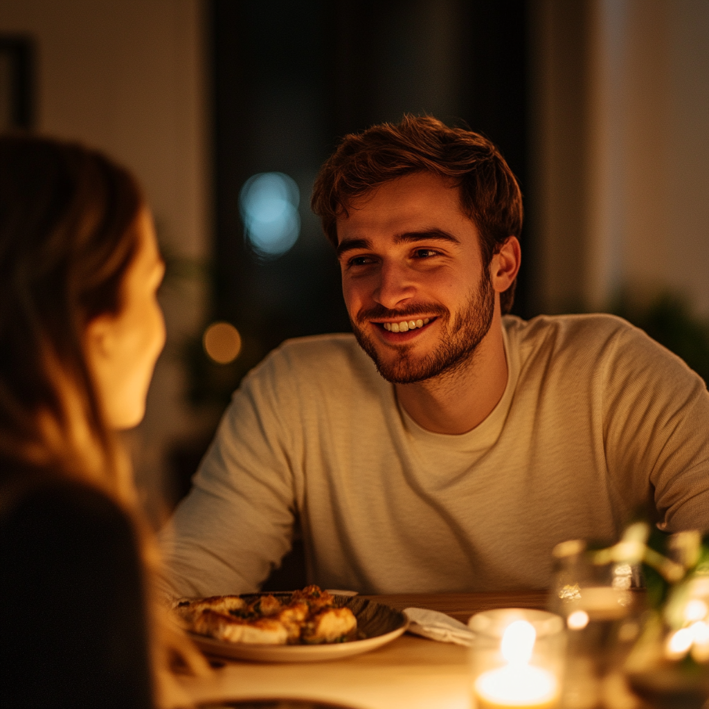 Un homme qui sourit à une femme au cours d'un dîner | Source : Midjourney