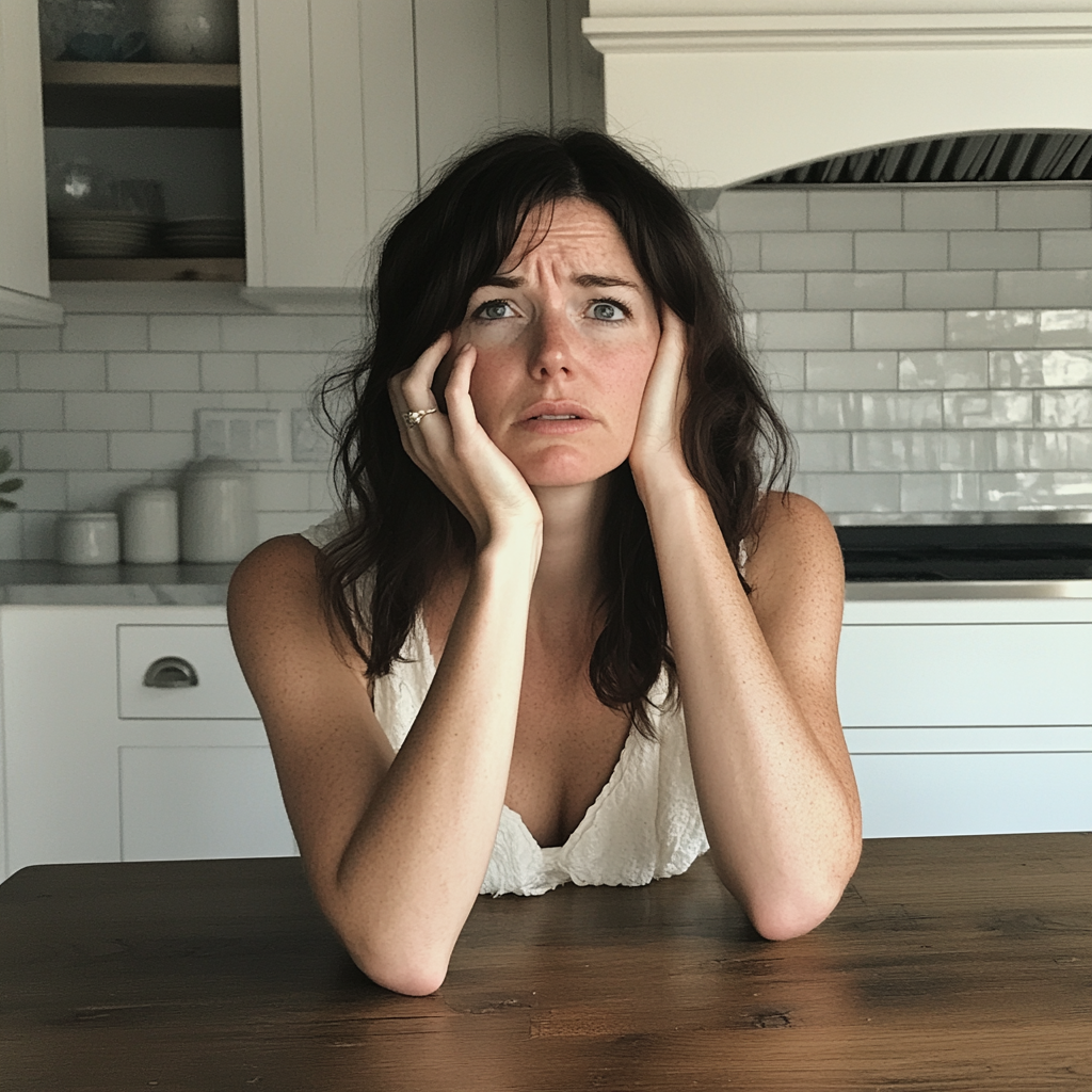 Une femme frustrée assise à une table de cuisine | Source : Midjourney