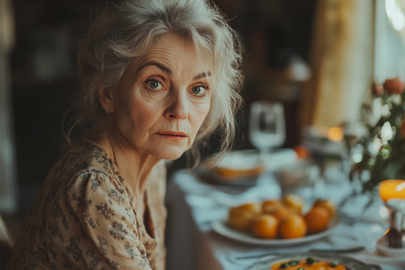 Disappointed old woman at a dinner table | Source: Midjourney