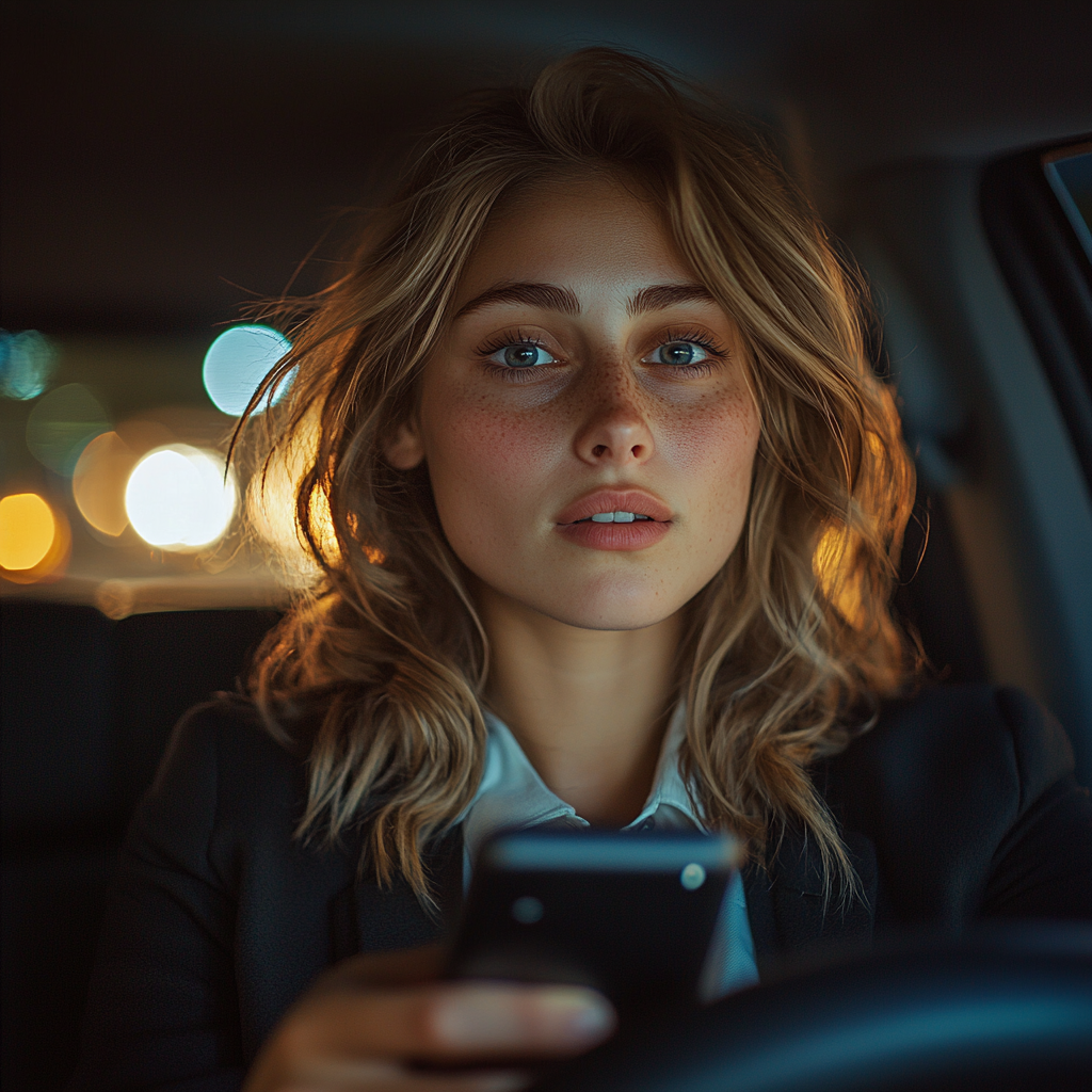 Une femme qui conduit en tenant son téléphone | Source : Midjourney