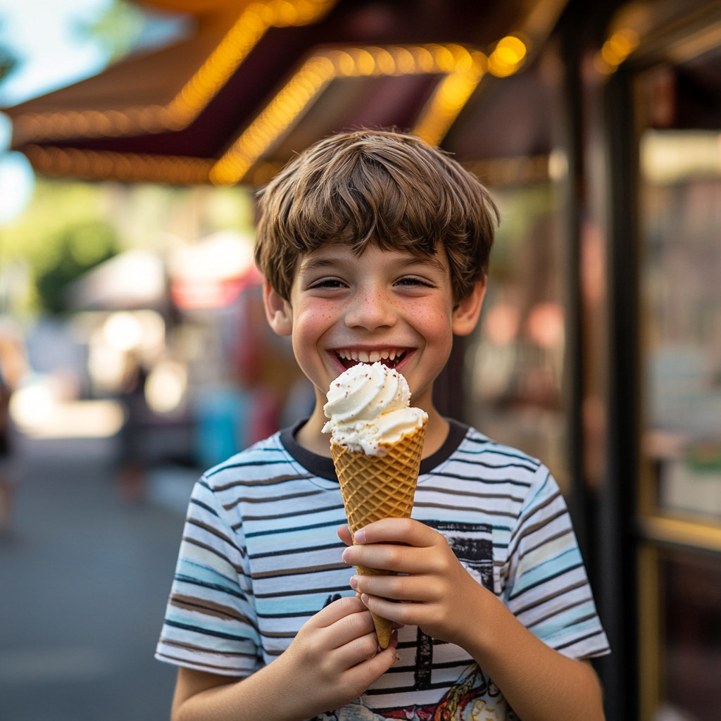 A little boy happily eating an ice cream cone | Source: Midjourney