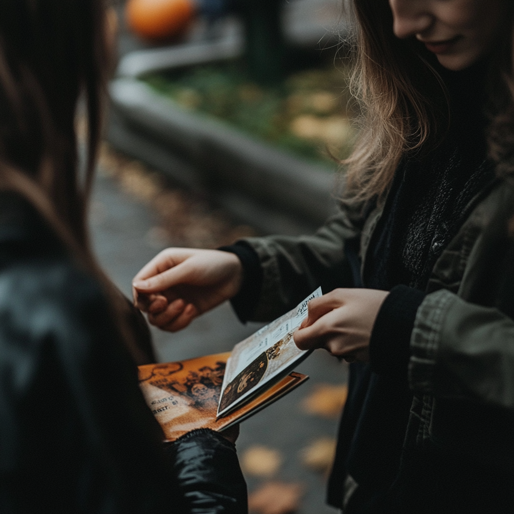 Une femme distribuant des dépliants sur Halloween | Source : Midjourney