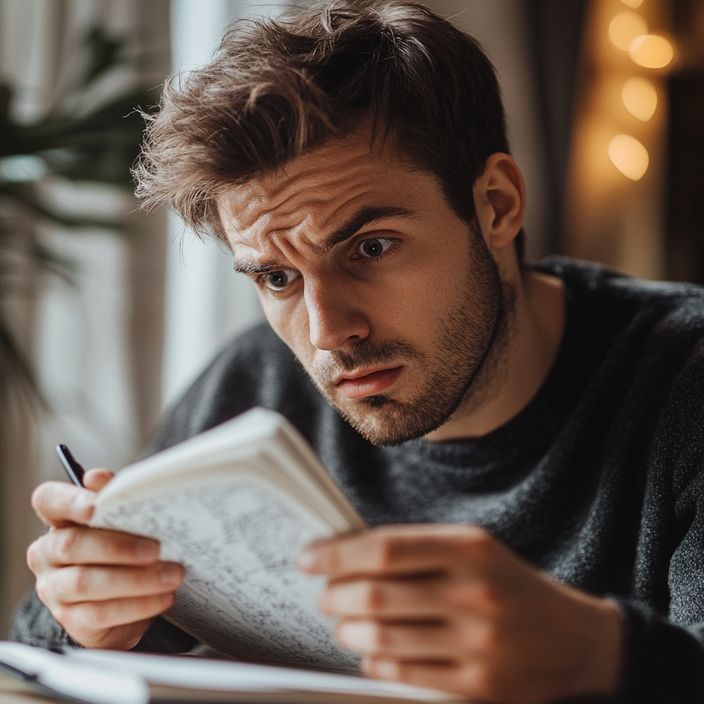 Un homme perplexe qui regarde un carnet| Source : Midjourney