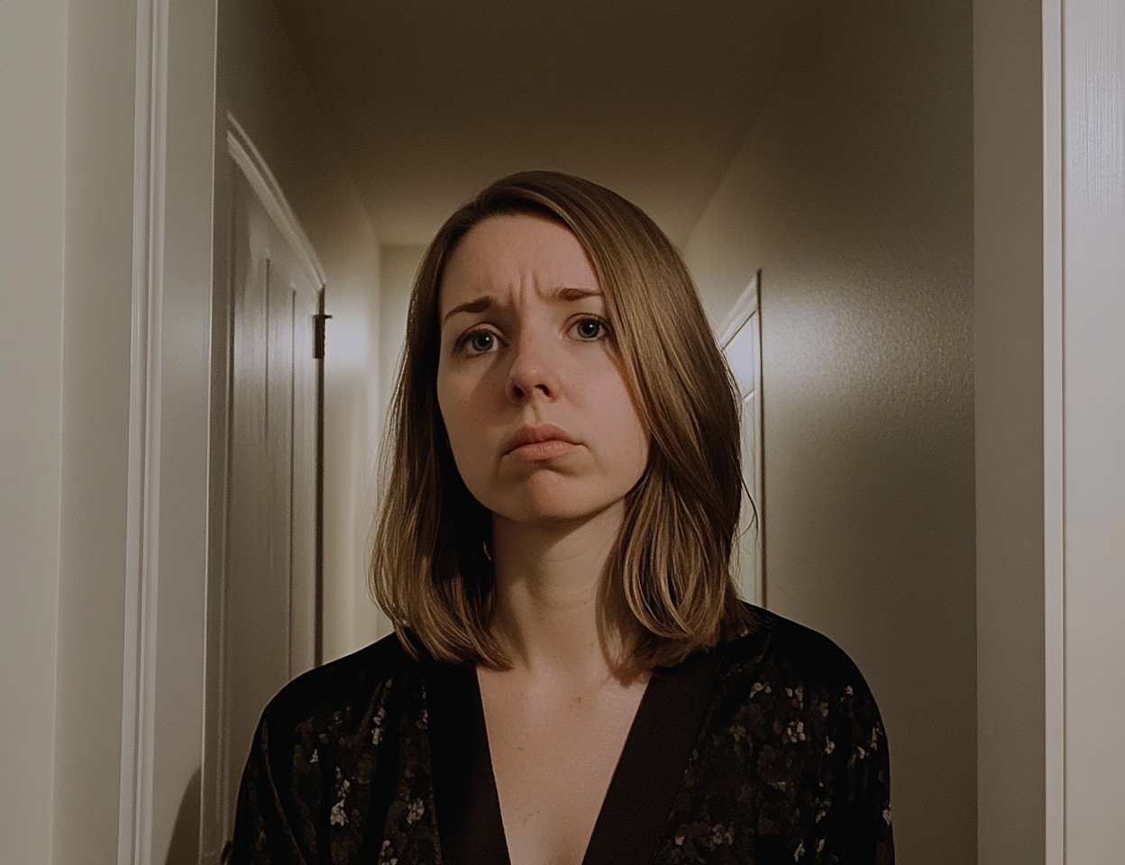 Une femme émotive debout dans un couloir | Source : Midjourney