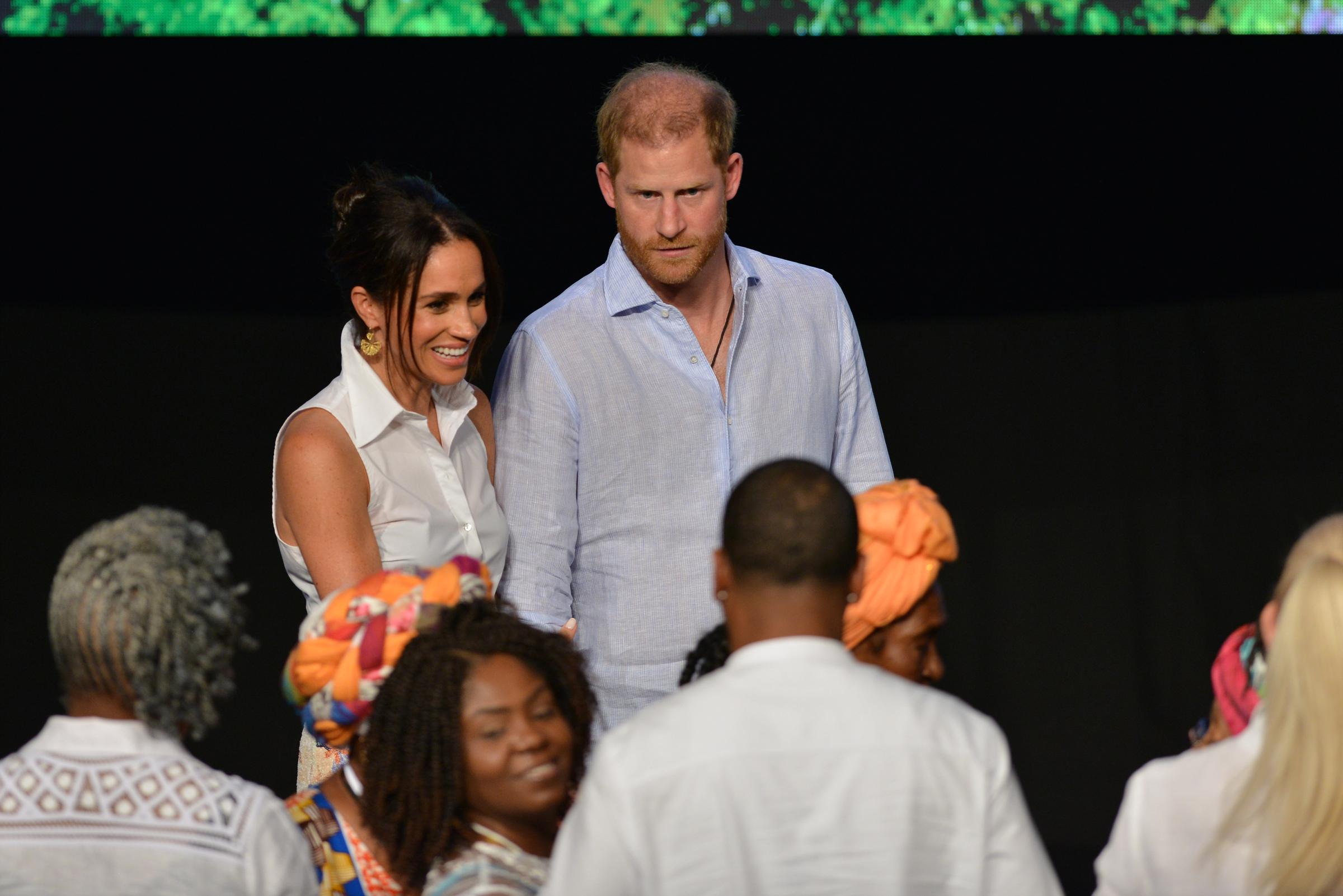 Le duc et la duchesse de Sussex lors de leur tournée en Colombie, le 18 août 2024. | Source : Getty Images