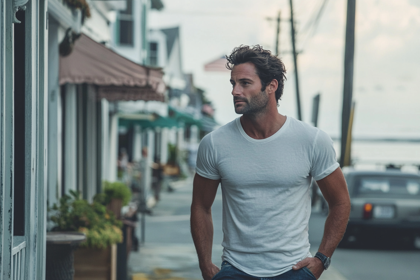 A man walking down the street in a coastal town | Source: Midjourney