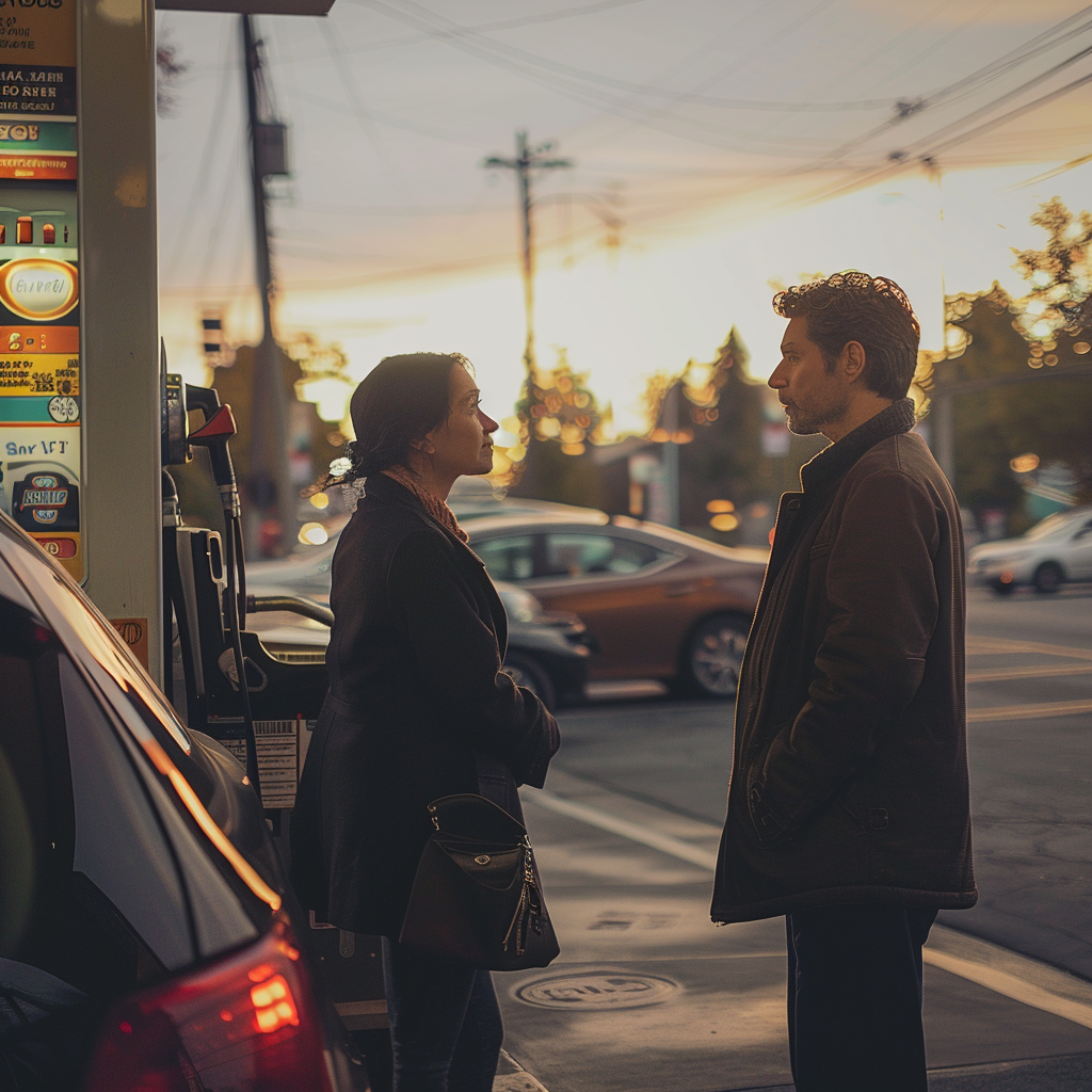 Daina en train de discuter avec un homme dans une station-service | Source : Midjourney